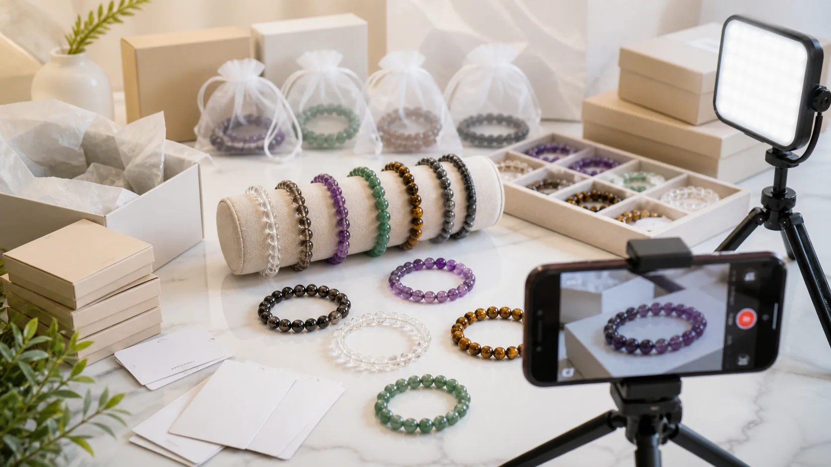 Creator content kit with crystal bracelets, packaging samples and a filming setup